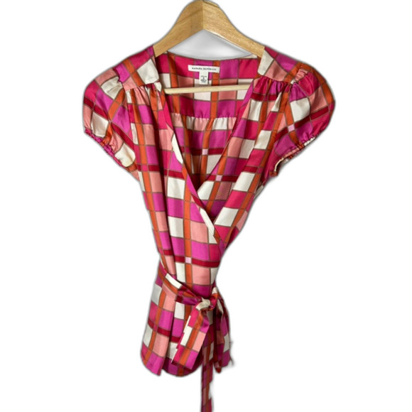 Banana Republic Pink Orange Ivory Check Print Silk SS Wrap Blouse Size S Petite - Picture 4 of 15